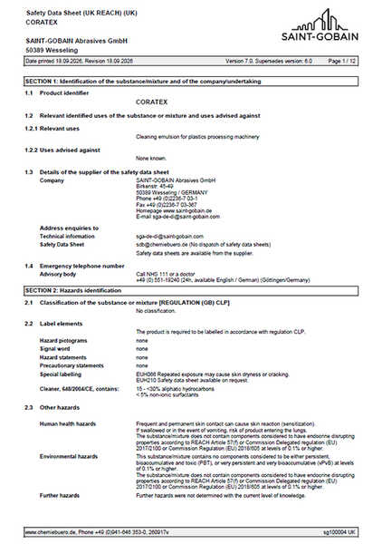 Cover Sicherheitsdatenblatt Coratex